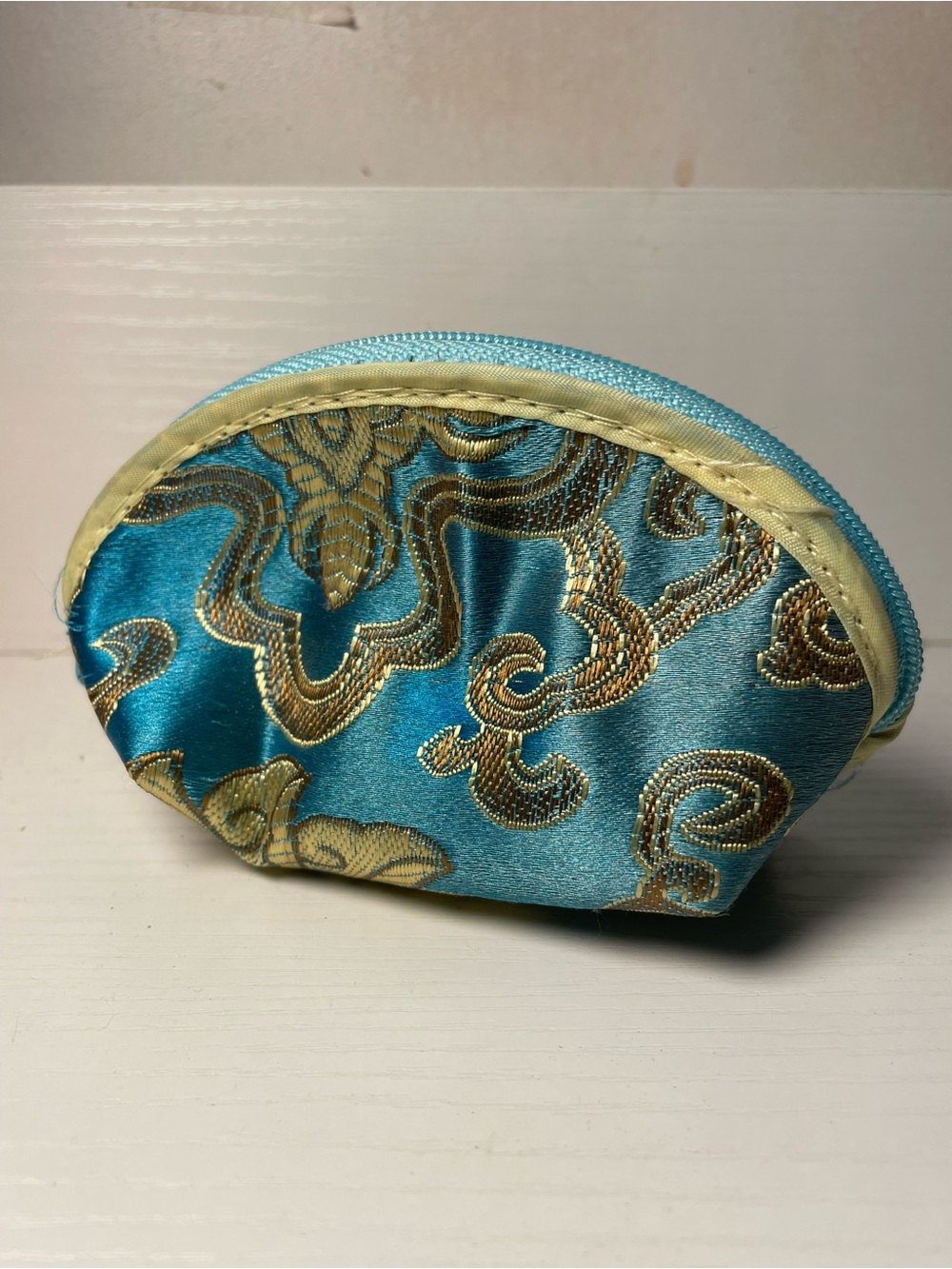 Teal Satin Embroidered Zip Pouch with Gold Scrolls
